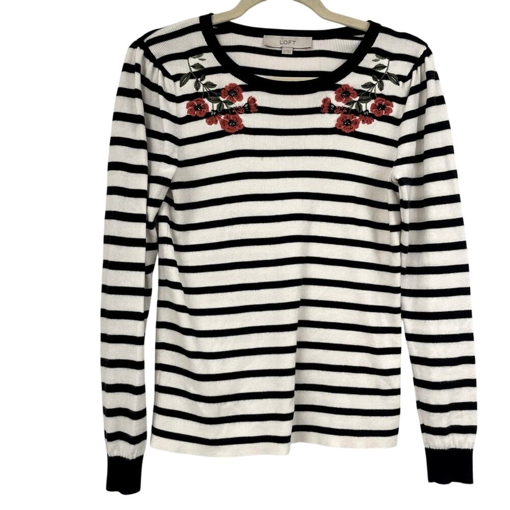 Loft Black & White Striped Red Floral Embroidery Shoulder Sweater Womens XS
